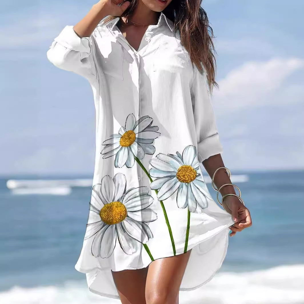 Old Women's Printed Plus Size Beach Sun Protection Shirt Dress