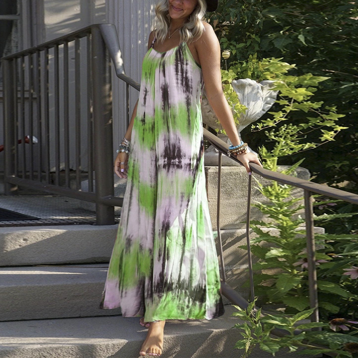 European And American Tie-dye Striped Printing Slip Plus Size Dress