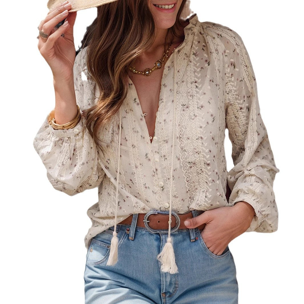 Women's Floral Print Chiffon Shirt Embroidery Tassel Blouse