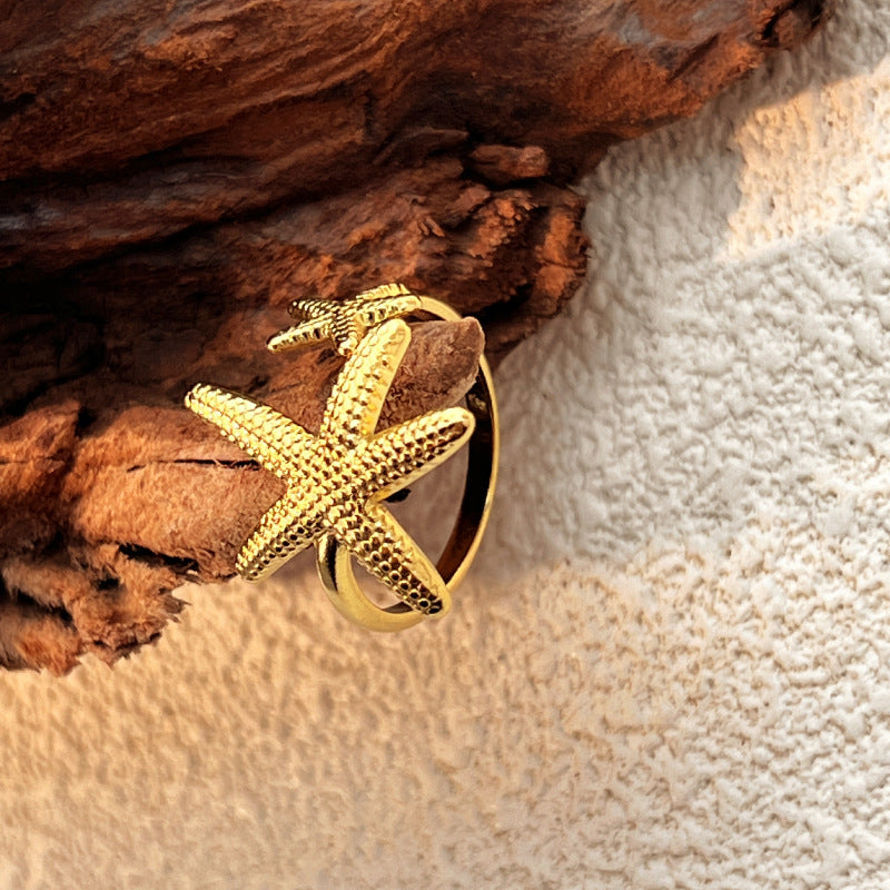 Boho Starfish Rings Gold Starfish Open Rings Vintage Adjustable Star Rings Statement Double Starfish Finger Rings Summer Beach Ocean Knuckle Ring