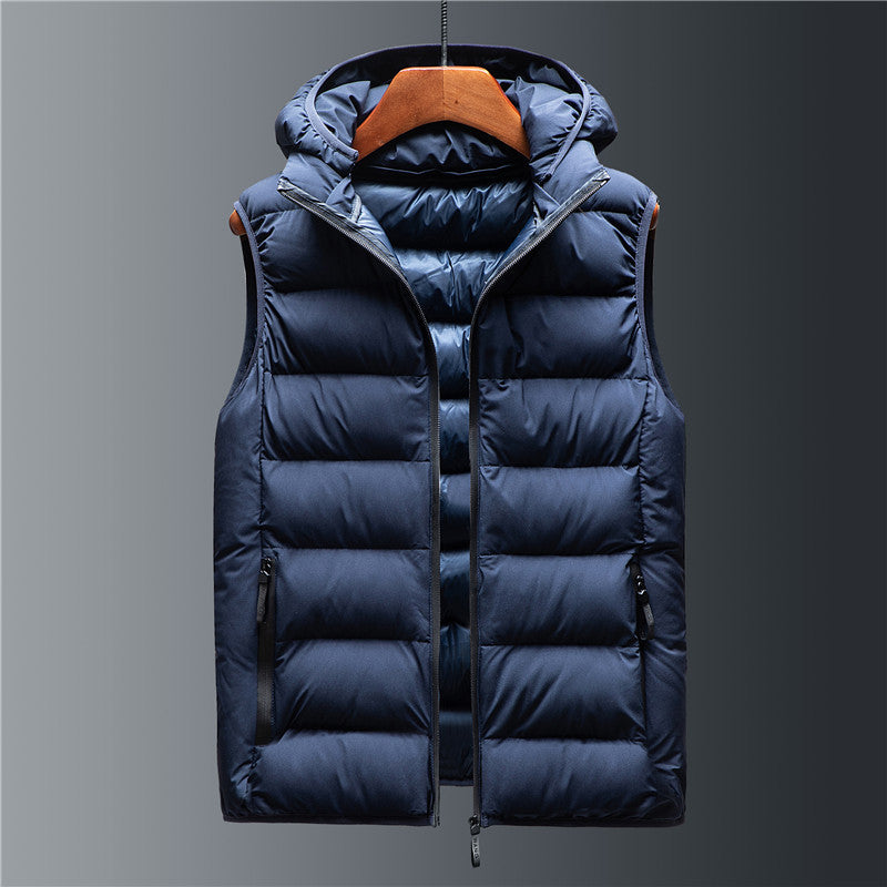 Men's Down Cotton Loose Waistcoat Hooded Stand Collar Short Vest