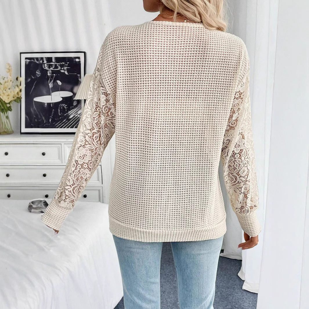 Elegant Women's Solid Color V-neck Lace Stitching Long Sleeve T-shirt