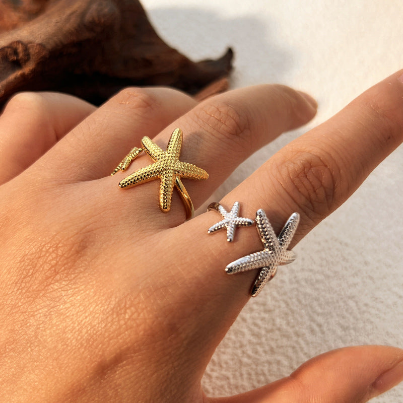 Boho Starfish Rings Gold Starfish Open Rings Vintage Adjustable Star Rings Statement Double Starfish Finger Rings Summer Beach Ocean Knuckle Ring