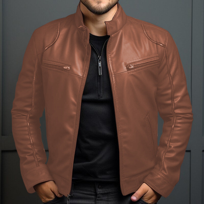 Men's Stand Collar Motorcycle Leather Jacket