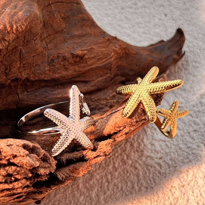 Boho Starfish Rings Gold Starfish Open Rings Vintage Adjustable Star Rings Statement Double Starfish Finger Rings Summer Beach Ocean Knuckle Ring