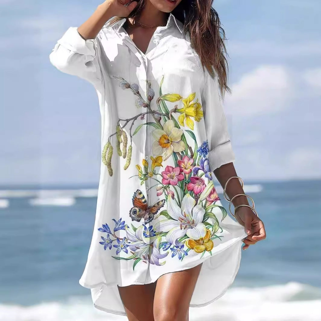 Old Women's Printed Plus Size Beach Sun Protection Shirt Dress