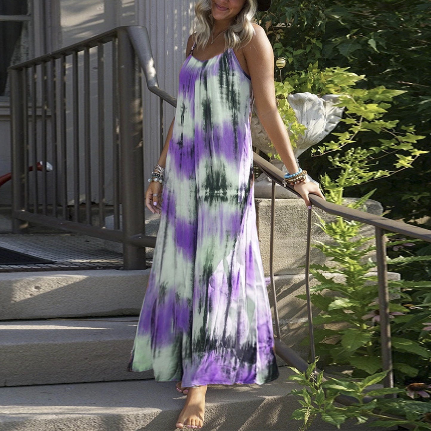 European And American Tie-dye Striped Printing Slip Plus Size Dress