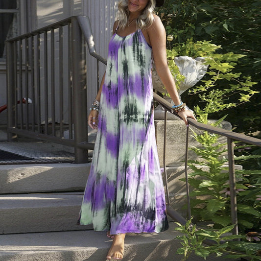 European And American Tie-dye Striped Printing Slip Plus Size Dress