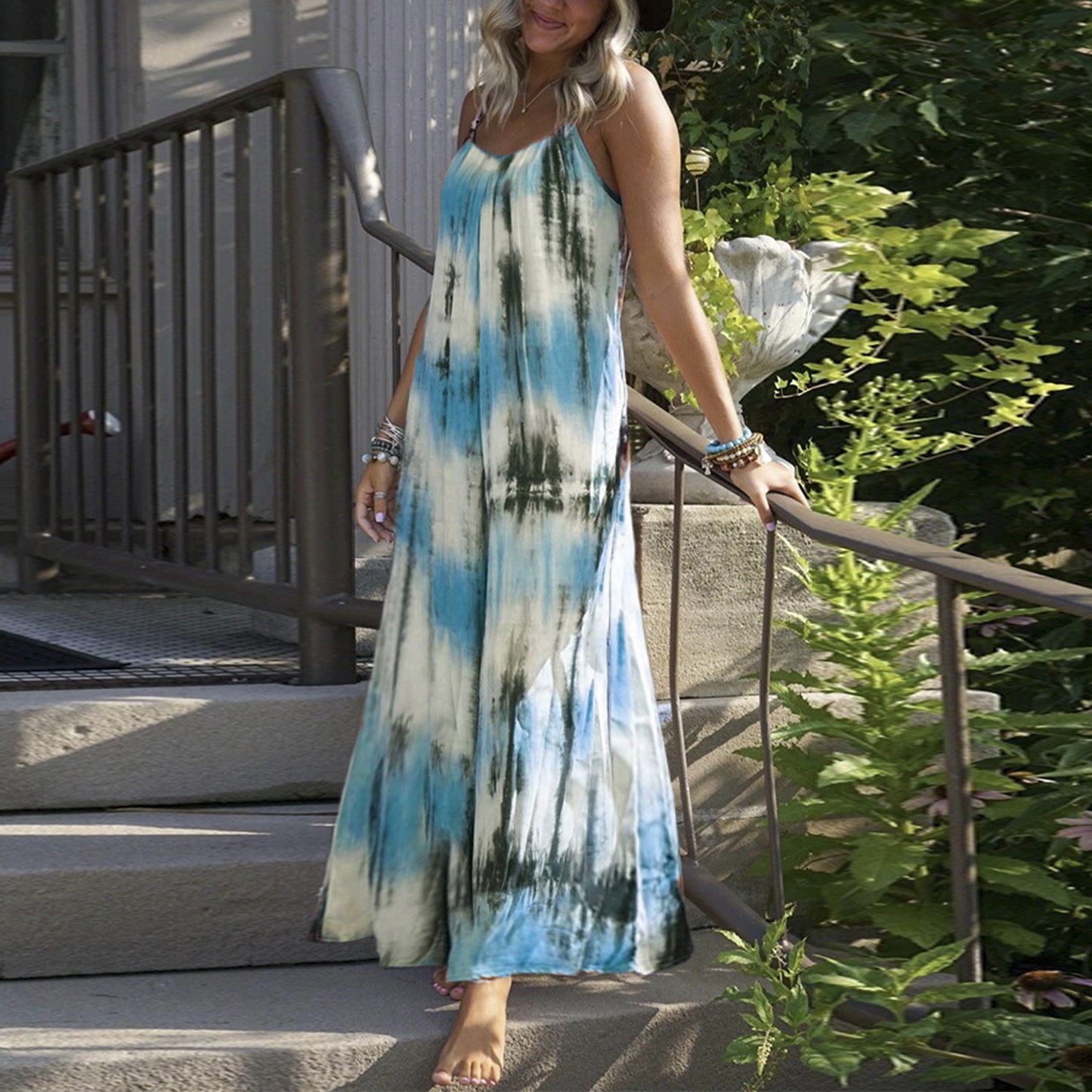 European And American Tie-dye Striped Printing Slip Plus Size Dress